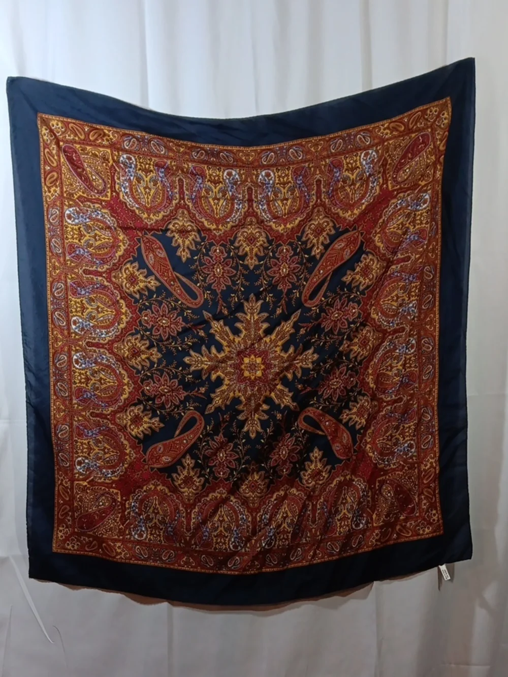 Vintage Casual Corner Womens Silk Scarf Navy Blue Paisley Korea Classic